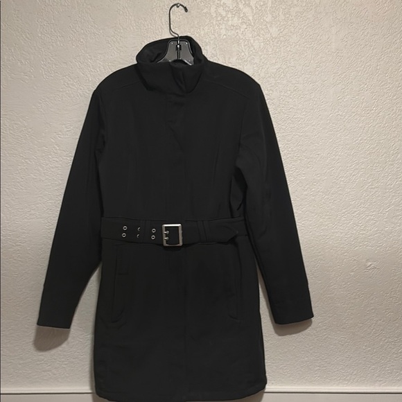 Black Trench Coat with Belted Waist and High Collar - Picture 3 of 8